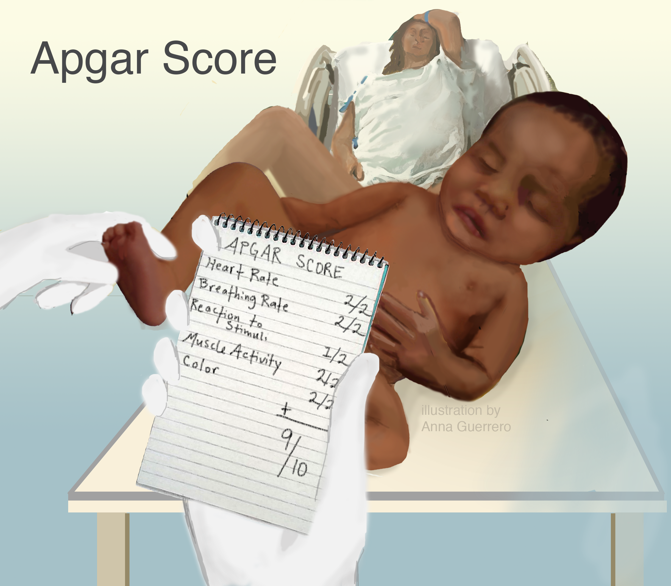 A nurse holding a baby and a card